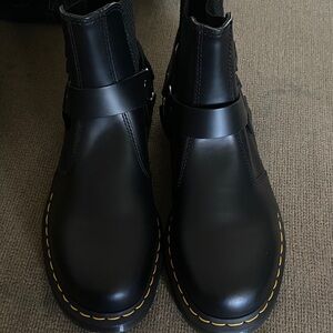 Dr. Martens Black Leather Men's Boots with Yellow Stitching